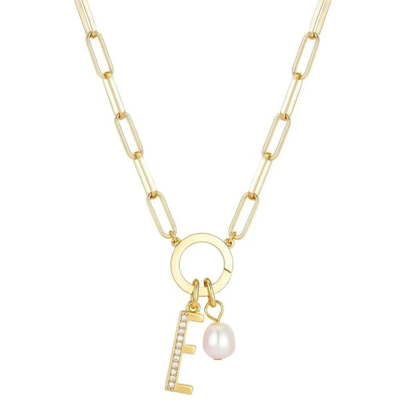 Initial E Cubic Zirconia&Freshwater Pearl 18" Pendant Necklace in GoldPlated - Picture 1 of 7